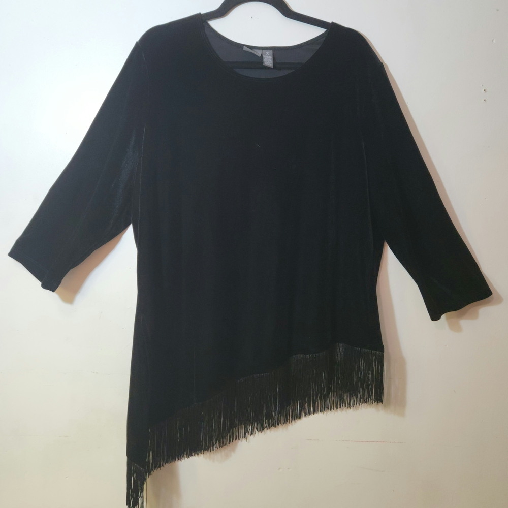 CHICO'S 3  Txavelens Collections By Chico's Black Velvet Fringe Hem Top